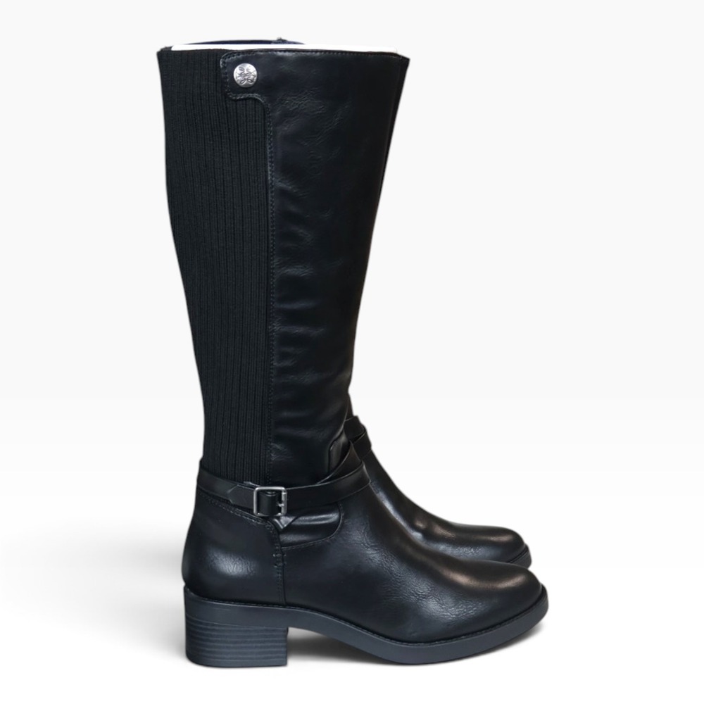 Black Knee High Riding Boots Buckle Strap Stretch Panel LifeStride Brittany 8.5